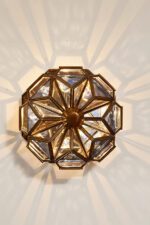 Szklany jednopunktowy witrażowy ręcznie wykonany kinkiet/plafon/lampa ścienna na miedzianej konstrukcji, Hiszpania, 2003 rok - obrazek 35