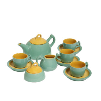 Zielono żółty ceramiczny serwis do kawy/herbaty w stylu Memphis dla czterech osób, projekt Massimo Iosa Ghini dla Naj Oleari, Włochy, lata 80.
