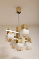 Duża złota metalowa lampa wisząca "Cubic" z pięcioma sześciennymi szklanymi kloszami, projekt Gaetano Sciolari dla AV Mazzega, Włochy, lata 70. - obrazek 8