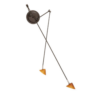Czarna minimalistyczna dwupunktowa metalowa lampa ścienna/lampa sufitowa/kinkiet z dwoma ruchomymi ramionami zakończonymi szklanym kloszami w kształcie stożka w kolorze ochry, Pola Design Amstelveen, Holandia, lata 80.