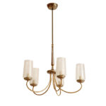 Delikatny pięciopunktowy metalowy żyrandol/lampa sufitowa w kolorze starego złota  ze szklanymi mlecznobiałymi fakturowymi kloszami, Mid Century Modern, Włochy, lata 60.