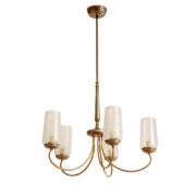 Delikatny pięciopunktowy metalowy żyrandol/lampa sufitowa w kolorze starego złota  ze szklanymi mlecznobiałymi fakturowymi kloszami, Mid Century Modern, Włochy, lata 60.
