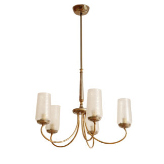 Delikatny pięciopunktowy metalowy żyrandol/lampa sufitowa w kolorze starego złota  ze szklanymi mlecznobiałymi fakturowymi kloszami, Mid Century Modern, Włochy, lata 60.