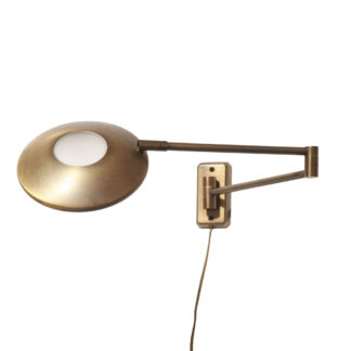 Jednopunktowa w kolorze starego złota metalowa lampa ścienna/kinkiet ze ściemniaczem, z ruchomym łamanym ramieniem i ruchomym okrągłym kloszem, Relco, Włochy, lata 80/90.