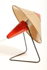 Metalowa minimalistyczna czerwono-czarna jednopunktowa lampa biurkowa/nocna/ścienna "Chińska" z ruchomym klosze w kształcie chińskiego kapelusza, Helena Frantová dla Kolo, Czechosłowacja, wzór z 1953 roku - obrazek 16