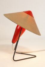 Metalowa minimalistyczna czerwono-czarna jednopunktowa lampa biurkowa/nocna/ścienna "Chińska" z ruchomym klosze w kształcie chińskiego kapelusza, Helena Frantová dla Kolo, Czechosłowacja, wzór z 1953 roku - obrazek 22
