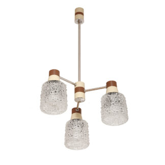 Trzypunktowa metalowa lampa sufitowa w kolorach kawy z mlekiem i brązem ze szklanymi fakturowymi kloszami, Drukov TYP TW 22/3, Czechosłowacja, lata 70.