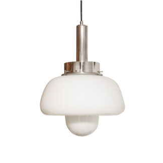 Mleczno-biała jednopunktowa szklana lampa wisząca/sufitowa z kloszem w kształcie grzyba w stylu Mazzega z chromowanym metalowym kapturkiem i metalową biała podsufitką, Włochy, lata 70.