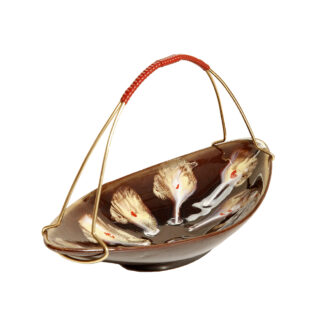 Brązowa ręcznie zdobiona szkliwiona w połysku ceramiczna patera w kształcie łódki z metalowym zdejmowanym złotym uchwytem, Mid Century Modern, Niemcy, lata 60.