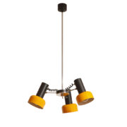 Trzypunktowa metalowa lampa wisząca/sufitowa ruchomymi żółtymi kloszami, projekt Josef Hůrka dla Napako, Czechosłowacja, lata 60.
