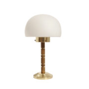 Jednopunktowa lampa biurkowa ze szklanym mlecznobiałym kloszem typu "Grzybek" na złotej metalowej konstrukcji z drewnianymi wstawkami, Lidokov, Czechosłowacja, lata 70.