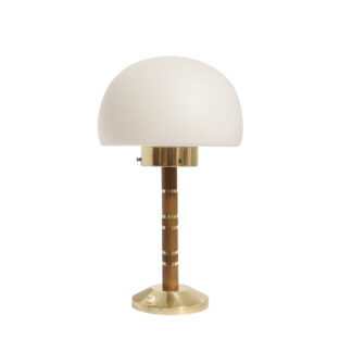 Jednopunktowa lampa biurkowa ze szklanym mlecznobiałym kloszem typu "Grzybek" na złotej metalowej konstrukcji z drewnianymi wstawkami, Lidokov, Czechosłowacja, lata 70.