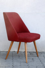Niskie czerwone tapicerowane "kawowe" krzesło kubełkowe na drewnianych toczonych nogach, Mid Century Modern, projekt Walther Ruhland, Niemcy, lata 50/60. - obrazek 11