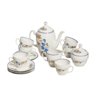 Biały porcelanowy z niebiesko-złotym kwiatowym nadrukiem serwis do kawy/herbaty, Włocławskie Zakłady Ceramiki Stołowej, Polska lata 70.