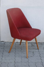 Niskie czerwone tapicerowane "kawowe" krzesło kubełkowe na drewnianych toczonych nogach, Mid Century Modern, projekt Walther Ruhland, Niemcy, lata 50/60. - obrazek 8